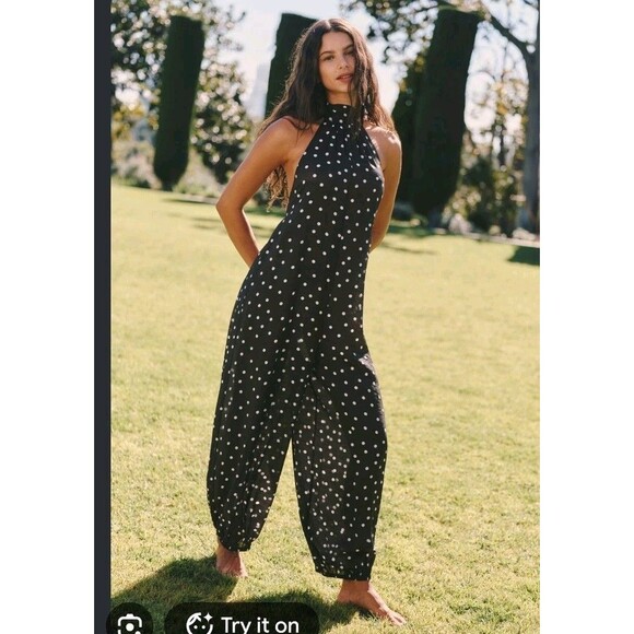 Anthropologie Pants - Balloon Leg Jumpsuit Celandine Breeze Sheer S Anthropologie Polka Dot Lightweigh